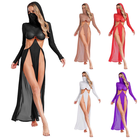 Women's Sexy Hooded Maxi Dress with High Slit