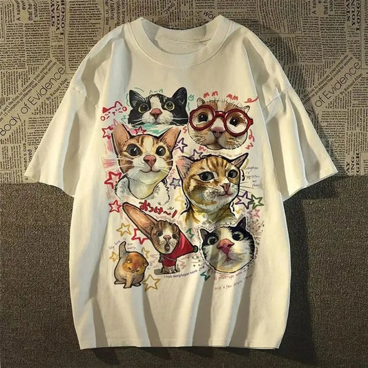 American Retro Cartoon Cat Print Short-Sleeved T-Shirt