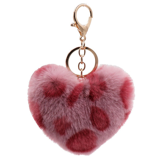 Pompom Heart Keychain - Leopard Pattern Plush Bag Charm