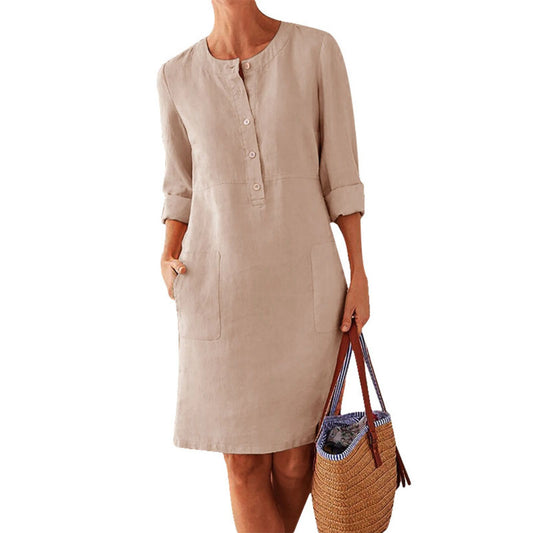 Women's Casual Long Sleeve Cotton Linen Tunic Dress