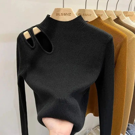 Hollow-Out Turtleneck Knitted Sweater for Women