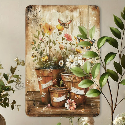 Vintage Floral Pots Butterfly Tin Sign Wall Art