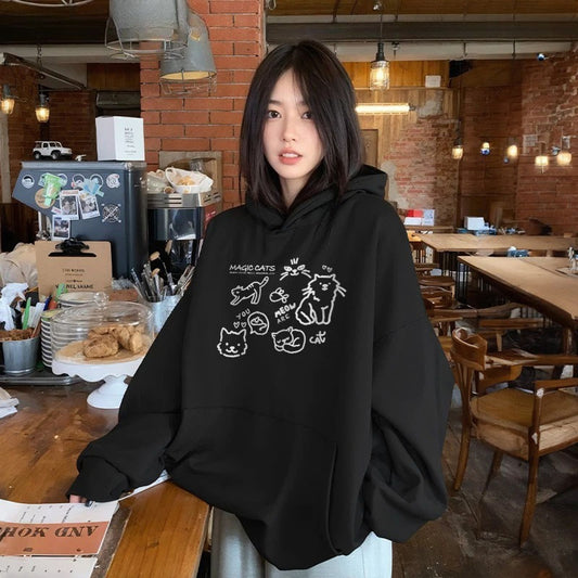 Cute Cat Print Hoodies for Women - Casual Autumn Winter Top