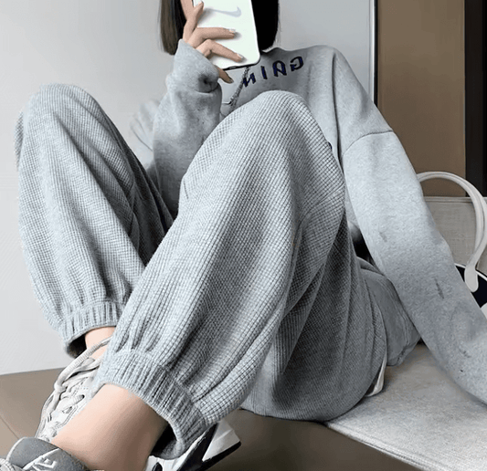 Waffle Knit Sporty Hoodie Pants – Lightweight & Slimming Casual Wear