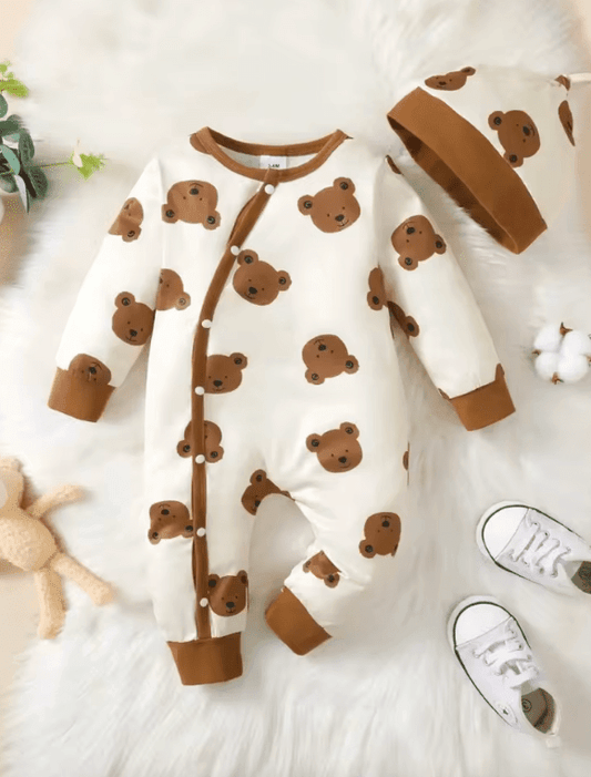 Winter Baby Boy Romper – Soft Long Sleeve One-Piece with Bear Print – Warm Button-Up Infant Jumpsuit for Newborns & Toddlers
