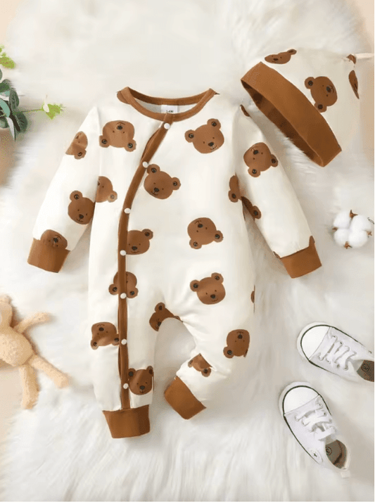 Winter Baby Boy Romper – Soft Long Sleeve One-Piece with Bear Print – Warm Button-Up Infant Jumpsuit for Newborns & Toddlers