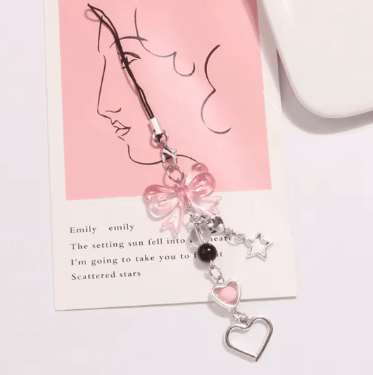 Y2K Pink Silver Bow Heart Star Phone Charm – Keychain Pendant for Girls & Women