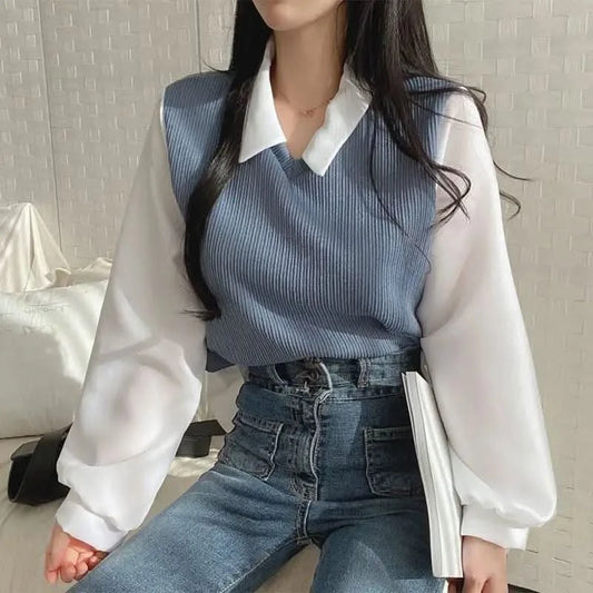 Korean Style Y2K Polo Collar Blouse  Spring Casual Two-Piece Pullover for Women