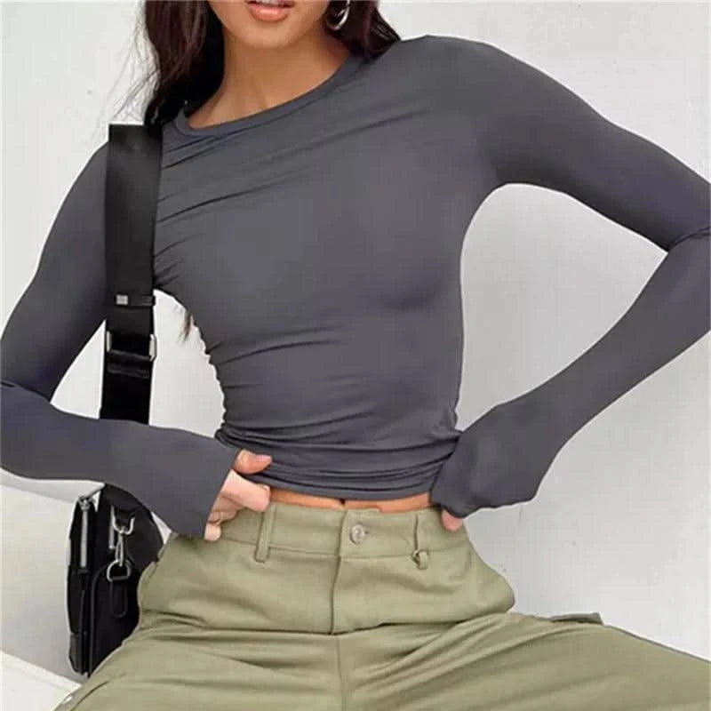 Women’s Slim Fit Long Sleeve Crop Top  Casual Solid Pullover Tee for Spring & Autumn