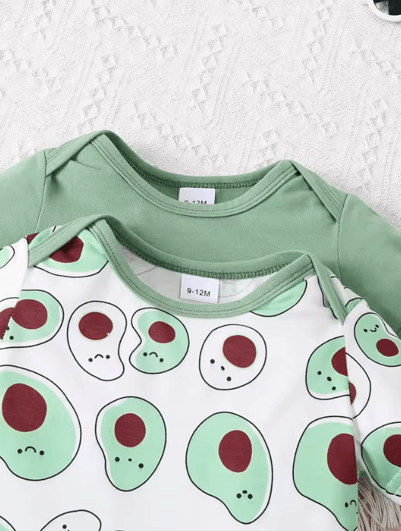 2-Piece Baby Boy Jumpsuit Set – Cute Cartoon Avocado Print & Solid Color – Short-Sleeved Knitted Triangle Romper Outfit