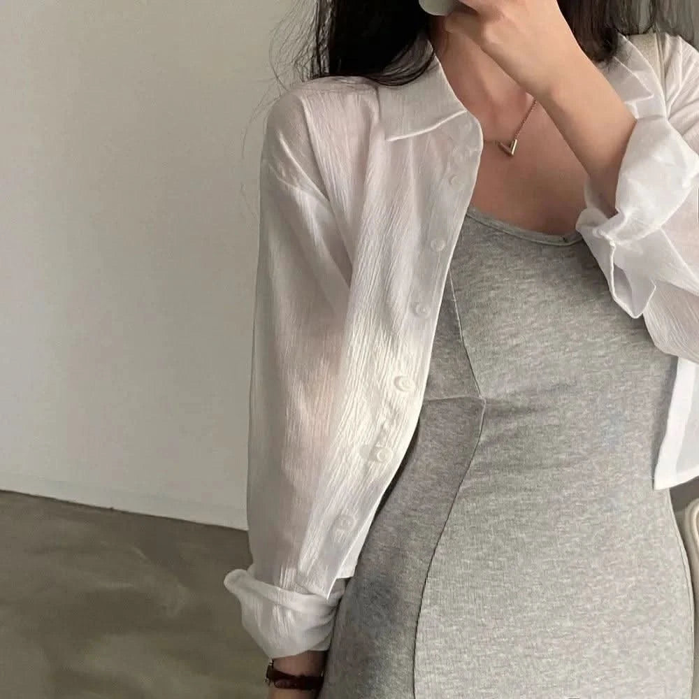 Y2K White Chiffon Cardigan – Short Sun Protection Shirt for Women
