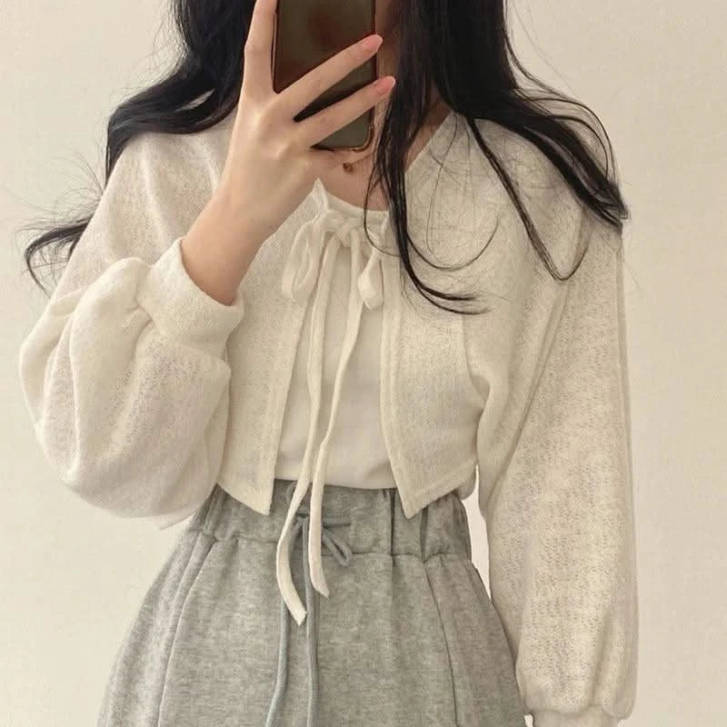 Cárdigan de verano blanco para mujer: camisa informal holgada con cordones