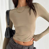Women’s Slim Fit Long Sleeve Crop Top  Casual Solid Pullover Tee for Spring & Autumn