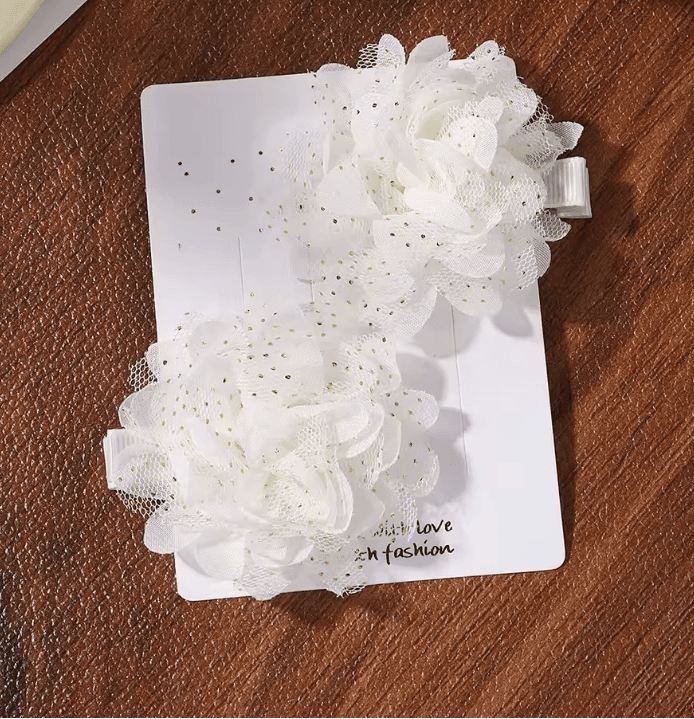 2Pcs/Set Cute Flower Bow & Star Hair Clips – Solid Color Nylon, Knitting & Mesh Hairpins for Girls
