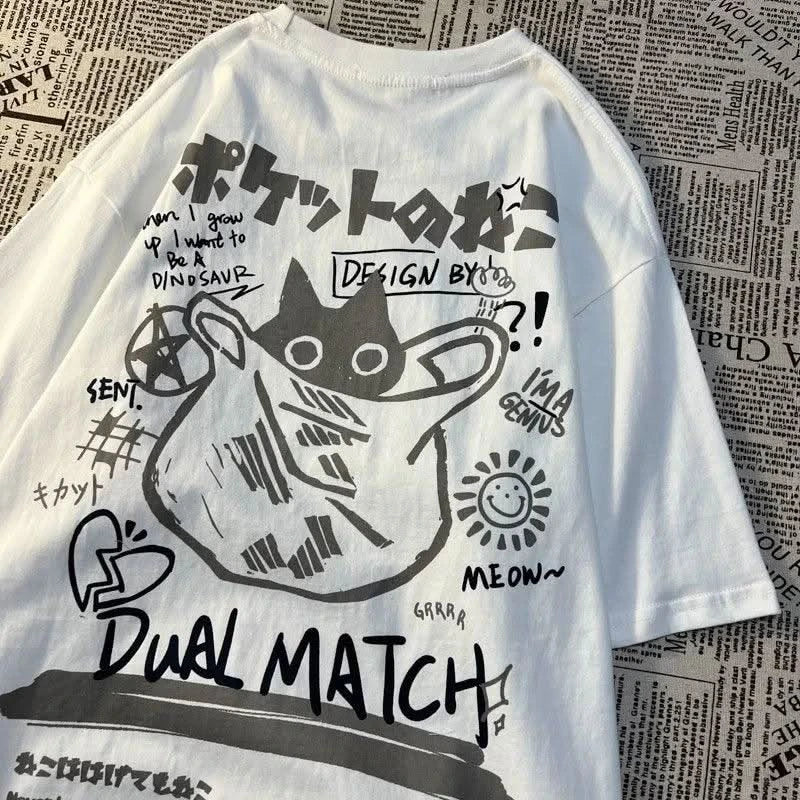 Summer Japanese Retro Cat Print T-Shirt - Unisex Oversized Short Sleeve Tee for Couples