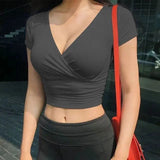 Summer Black V-Neck Crop Top - Short Sleeve Sexy Corset T-Shirt for Women, Korean Fashion
