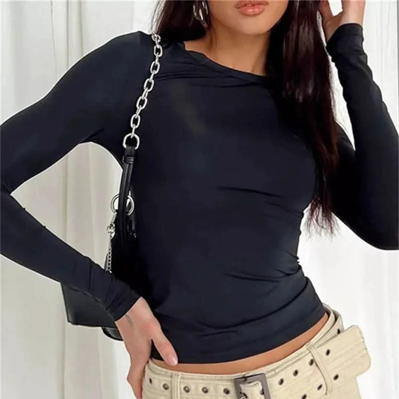 Women’s Slim Fit Long Sleeve Crop Top  Casual Solid Pullover Tee for Spring & Autumn