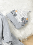 3PCS Baby Boy Outfit Set – Elephant Print Romper, Striped Pants & Matching Hat – Cute Spring/Autumn Clothes for Newborns & Toddlers (0–18 Months)