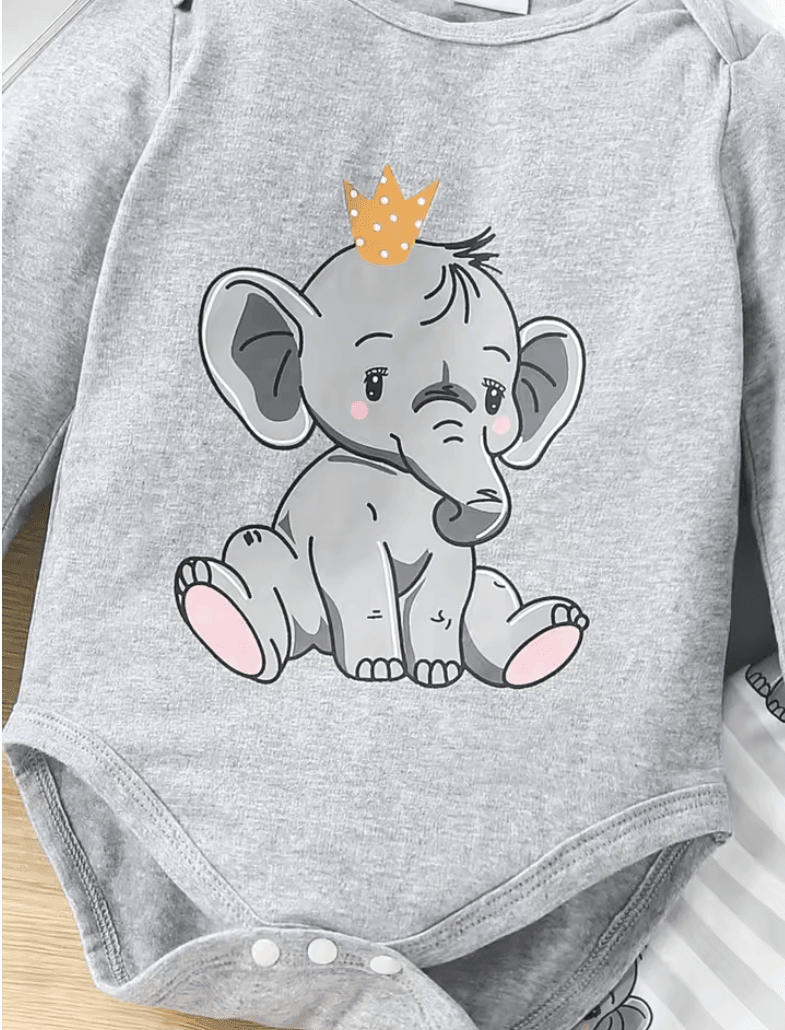 3PCS Baby Boy Outfit Set – Elephant Print Romper, Striped Pants & Matching Hat – Cute Spring/Autumn Clothes for Newborns & Toddlers (0–18 Months)