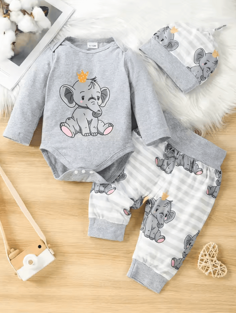 3PCS Baby Boy Outfit Set – Elephant Print Romper, Striped Pants & Matching Hat – Cute Spring/Autumn Clothes for Newborns & Toddlers (0–18 Months)