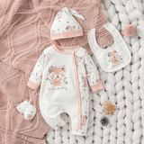 4PCS Baby Girl Outfit Set – Long Sleeve Deer Print Jumpsuit with Matching Bib, Hat & Gloves – All-Season Newborn Clothes (Pastoral Style)