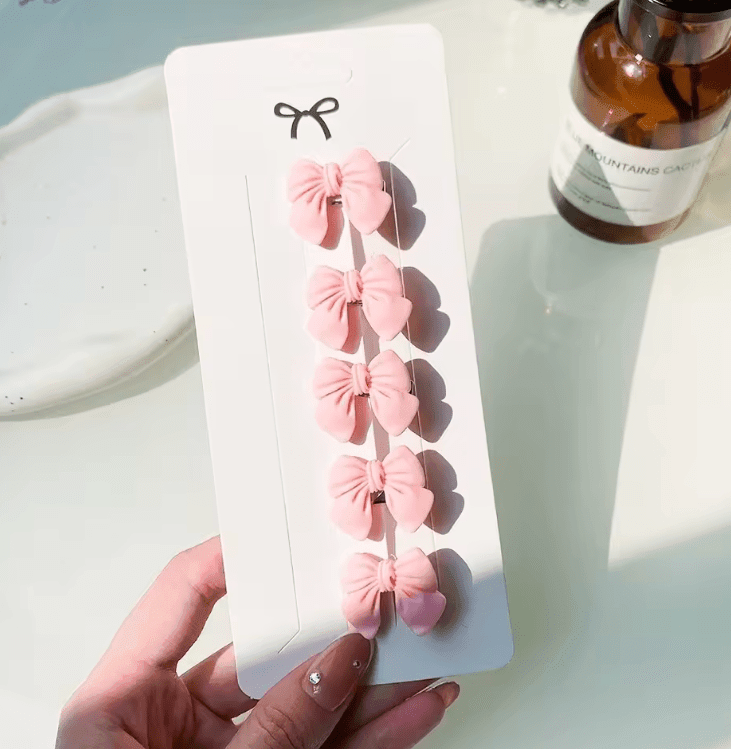 5Pcs/Set Cute Pink Mini Bows Hair Clips – Lovely Heart & Flower Hairpins for Girls