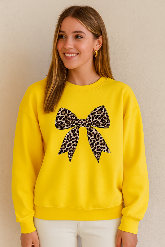 Bow & Leopard Print Sweatshirt – Stylish and Cozy Fleece Pullover for Women