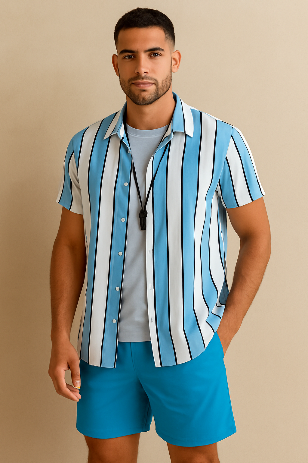 2025 Men’s Hawaii Beach Casual Suit – Single Breasted Short Sleeve Shirt & Striped Shorts, Summer Vacation Travel Set