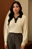 Elegant Color Block Polo Shirt – Loose-Fit Long Sleeve Women’s
