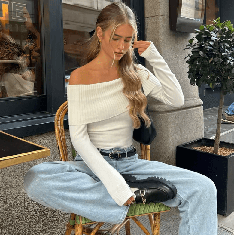 VIRA Fashion Elegant Slash-Neck Ribbed Crop Top – Off Shoulder Long Sleeve T-Shirt