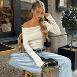 VIRA Fashion Elegant Slash-Neck Ribbed Crop Top – Off Shoulder Long Sleeve T-Shirt
