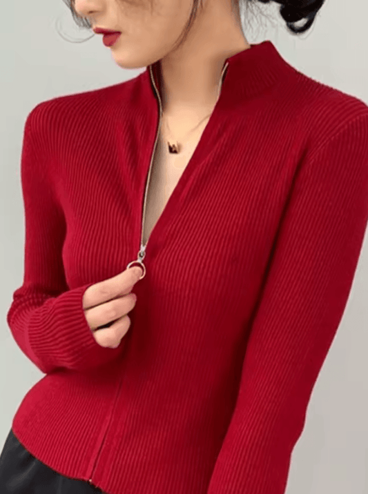 Spring & Autumn Zipper Cardigan for Women – Knitted Long Sleeve Stand-Up Collar Sweater
