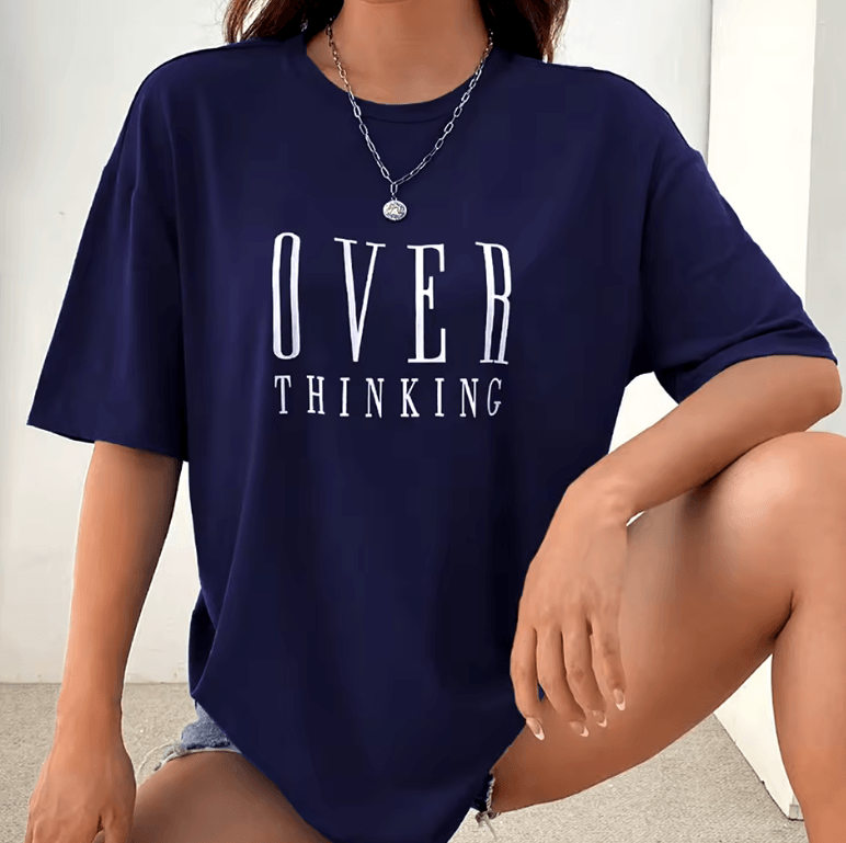 Overthinking Letter Print Cotton T-Shirt for Women – Vintage O-Neck Short Sleeve Top
