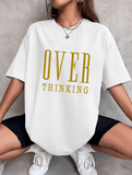 Overthinking Letter Print Cotton T-Shirt for Women – Vintage O-Neck Short Sleeve Top