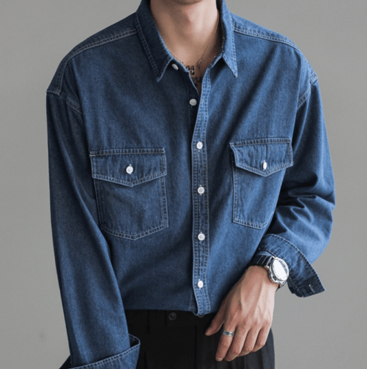 VIRA Fashion Men’s Loose-Fit Simple Long Sleeve Denim Shirt