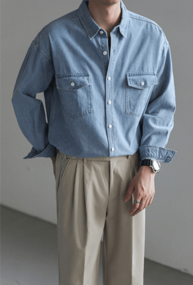 VIRA Fashion Men’s Loose-Fit Simple Long Sleeve Denim Shirt