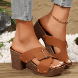 Women’s British Style Rome Sandals - Comfy High Heels with Metal Buckle