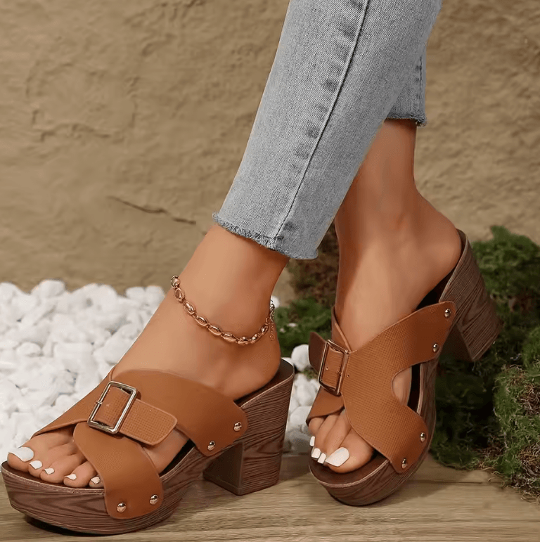 Women’s British Style Rome Sandals - Comfy High Heels with Metal Buckle