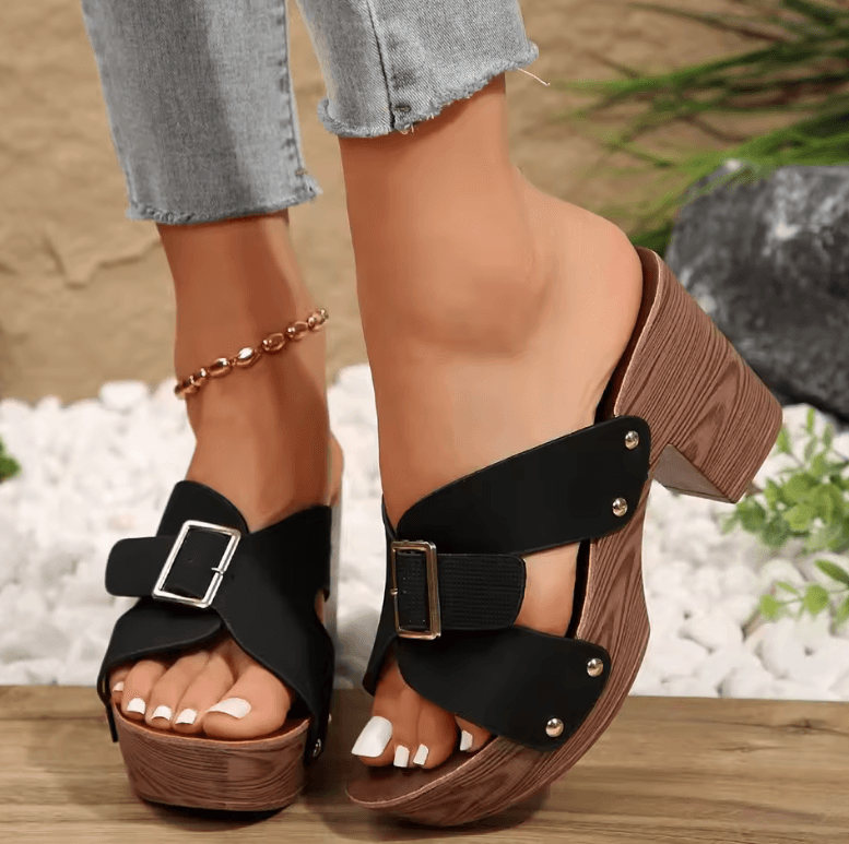 Women’s British Style Rome Sandals - Comfy High Heels with Metal Buckle