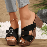 Women’s British Style Rome Sandals - Comfy High Heels with Metal Buckle