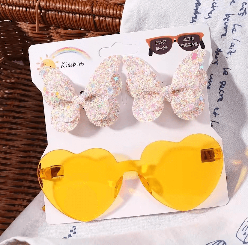 Fashion Sparkling Butterfly Hair Clips & Heart-Shaped Sunglasses Set | Stylish Hair Accessories for Girls