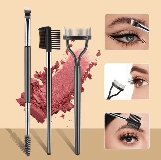 3pcs Eye Makeup Tool Set | Double Head Eyebrow Brush, Eyelash Curler & Separator