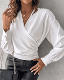 Sexy V-Neck Long Sleeve Blouse – Elegant Solid White Shirt for Office & Spring/Summer
