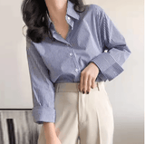 Women’s Classic Striped Blouse – Long Lantern Sleeves & Stand Collar for Spring & Autumn