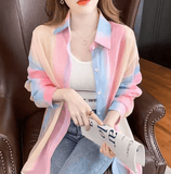Women’s Gradient Rainbow Blouse – Sheer Long-Sleeve Loose Shirt with Turn-Down Collar
