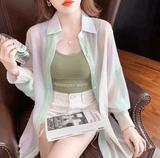 Women’s Gradient Rainbow Blouse – Sheer Long-Sleeve Loose Shirt with Turn-Down Collar