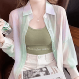 Women’s Gradient Rainbow Blouse – Sheer Long-Sleeve Loose Shirt with Turn-Down Collar