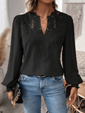 Luxury Lace Hollowed V-Neck Shirt – Elegant Solid Color Long Sleeve Blouse for Women