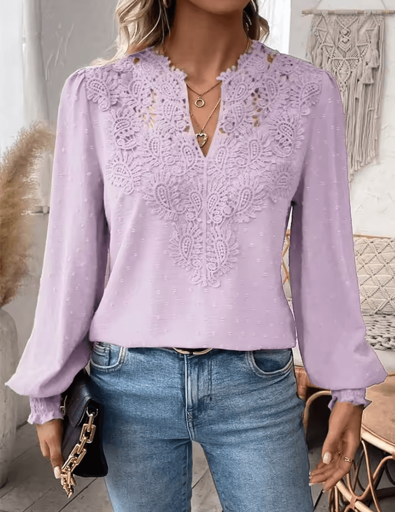 Luxury Lace Hollowed V-Neck Shirt – Elegant Solid Color Long Sleeve Blouse for Women