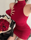 Summer Sexy High Neck Bodycon Dress – Oversleeve Pleated Bottom Wrapped Hip Dress